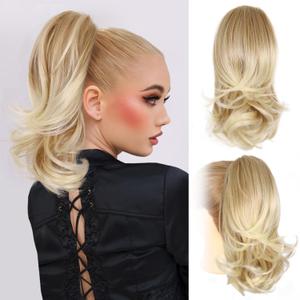 Clip on Ponytails for Women - 14 Inch Curly Ponytail Extension, Wavy Pony Tails Hair Extensions, Synthetic Hair Extensions Ponytail, Clip in Ponytail (Color: Medium Blonde With Bleach Blonde Ends)