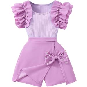 Girl's 2 Piece Outfits Cute Pearl Ribbed Knit Ruffle Short Sleeve T Shirt and Wrap Skorts Set (Purple)