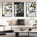 QKF bright abstract geometric wall decoration, modern minimalist black and white wall art, suitable for bedroom, living room, bathroom, office, home poster printing 16 "X 24" inch 3-piece set