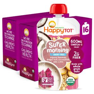 Happy Tot Organics Stage 4 Baby Food Pouches, Gluten Free, Vegan & Dairy Free Snack, Super Morning Fruit & Oat Blend, Bananas, Dragon Fruit, Coconutmilk, Oats & Chia, 4 Oz (Pack of 16), Best By: 07/17/26