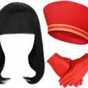 3 Pcs Cartoon Costume Accessories Red Velvet Retro Hat Bob Wig and Gloves for Men Women Halloween Cosplay Outfit