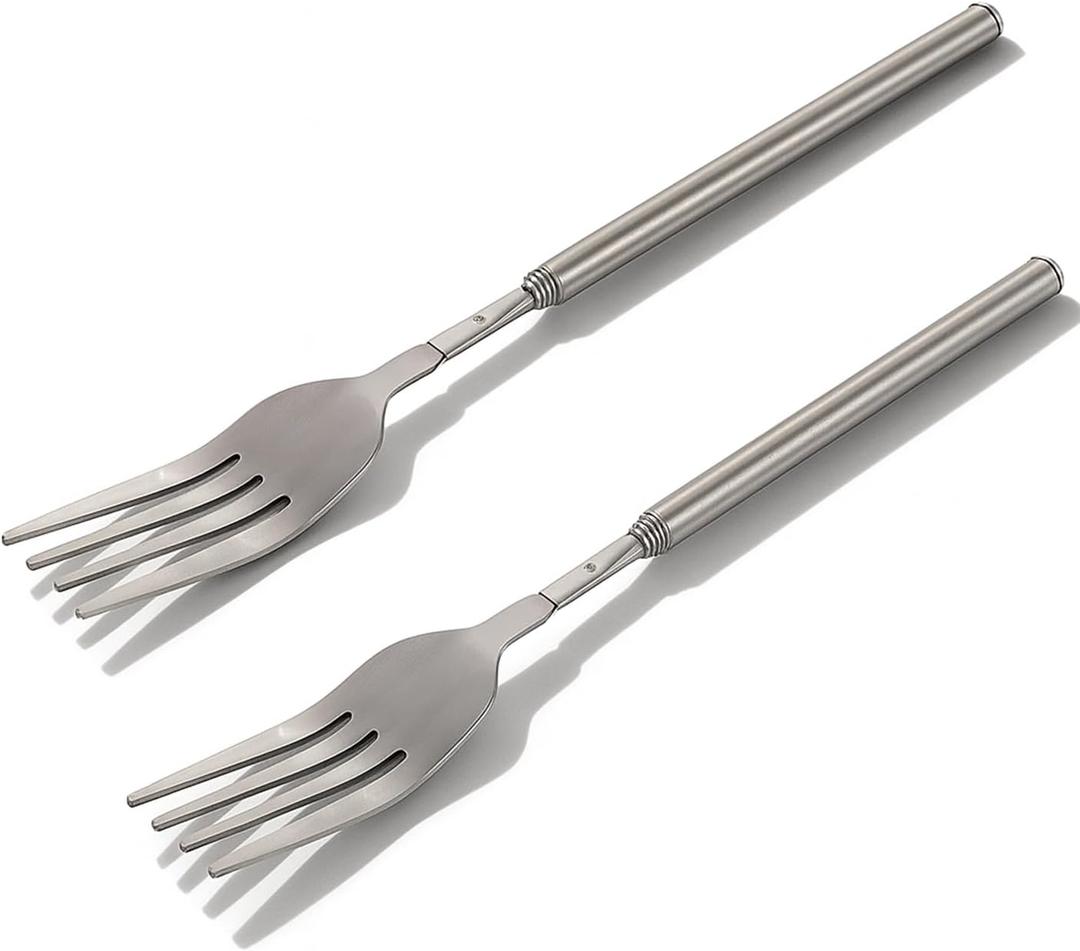 Extendable Fork, 8.7" to 25.4" Telescopic BBQ Fork, Stainless Steel Expandable Dinner Fork for BBQ, Fruit, Dessert & Prank Tableware, Long Extendable Handle Cutlery (2pcs)