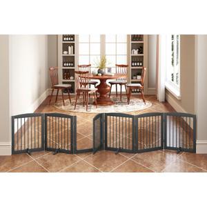 Freestanding Pet Gates with Walk Through Door, Dog Indoor Fence, Dog Gate for The House, Doorway, Stairs, Extra Wide Pet Gate, Support Feet Included, 120 Inch Wide, 6 Panels 24" Tall, Gray