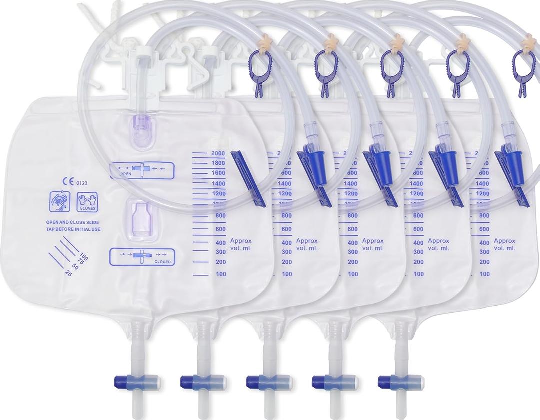5PCSCatheter Bags for Men,2000MLUrinary Drainage Bag,Reusable Urine Bag,Lengthened Catheters Tude,with Anti-Reflux Chamber Clips and Hanging Hook,Professional Urinary Bag for Incontinence
