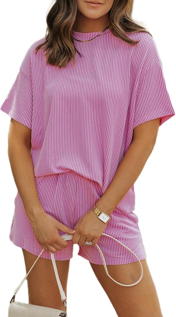 MARZXIN Women's 2 Piece Outfits Summer Tracksuit Ribbed Textured Knit Loose Lounge Shorts Set Short Sleeve Matching Sets (Medium)