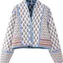 Wyeysyt Women's Cropped Quilted Puffer Jacket Cardigan Floral Printed Button Up Long Sleeve Padded Quilted Short Puffer Coats (WhiteFloral-S)