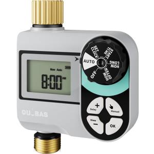 QUOBAS Brass Sprinkler Timer, Programmable Water Hose Timer for Garden Hose Faucet with Waterproof HD Screen, Rain Delay/Manual/Automatic Irrigation Watering System for Garden, Lawn, Yard