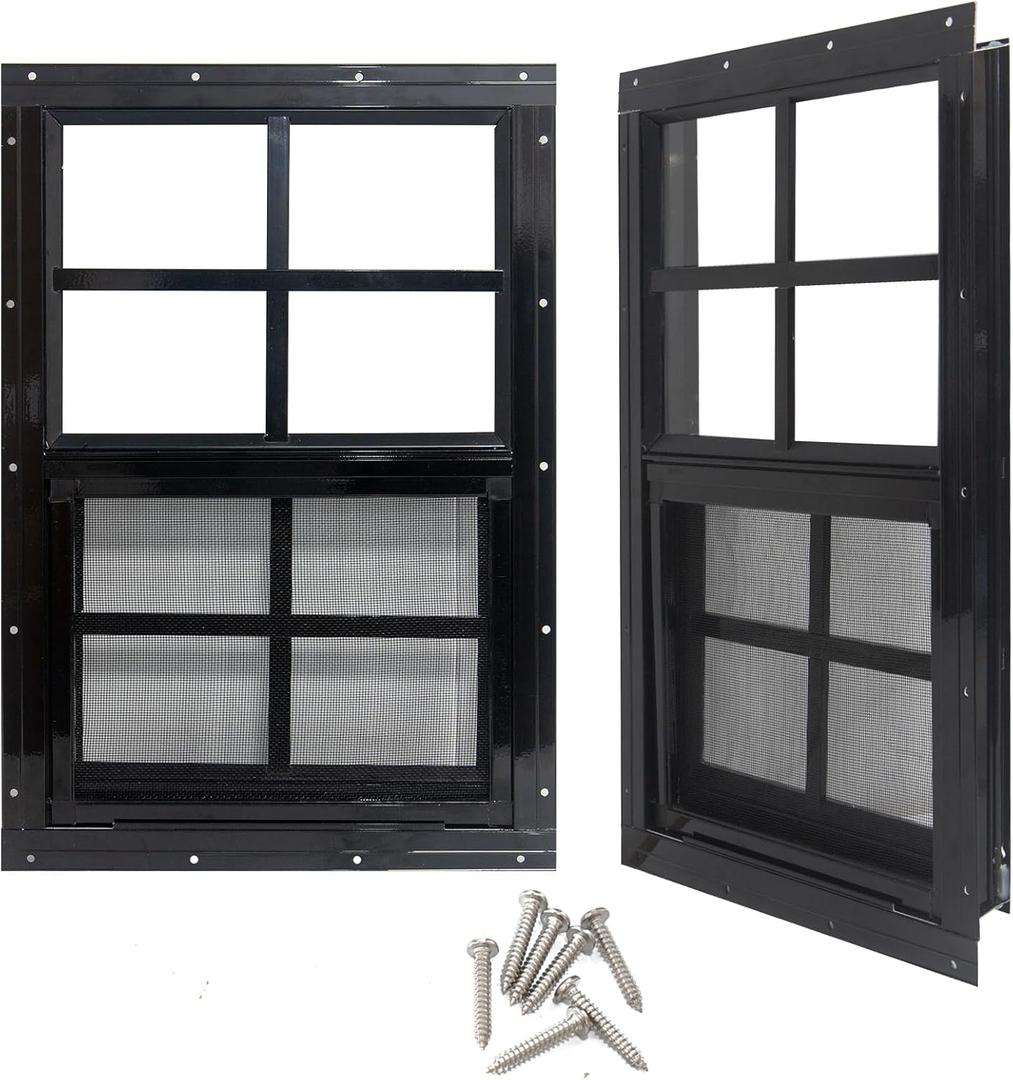 Yuzzy 18" x 23" Shed Windows with Tempered Glass and Fiberglass Screen, 2 Pack Small Sliding Windows for Shed, Chicken Coop, Playhouse, Household, Garage, Barns (Black)