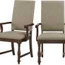 Benzara Tom 26 Inch Dining Armchair- Beige Polyester- Nailheads- Brown Wood- Set of 2