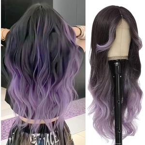 iluadme Black Light Purple Highlight Long Wavy Wig With Curtain Bang 26 Inch Ombre Ash Purple Wigs For Black Women Natural Heat Resistant Synthetic Fiber Middle Part Wig