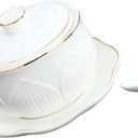 Unomor Ceramic Stew Pot with Lid Small Soup Bowl Set Elegant Flower Trimmed for Steaming Soups and Desserts Microwave Dishwasher Safe