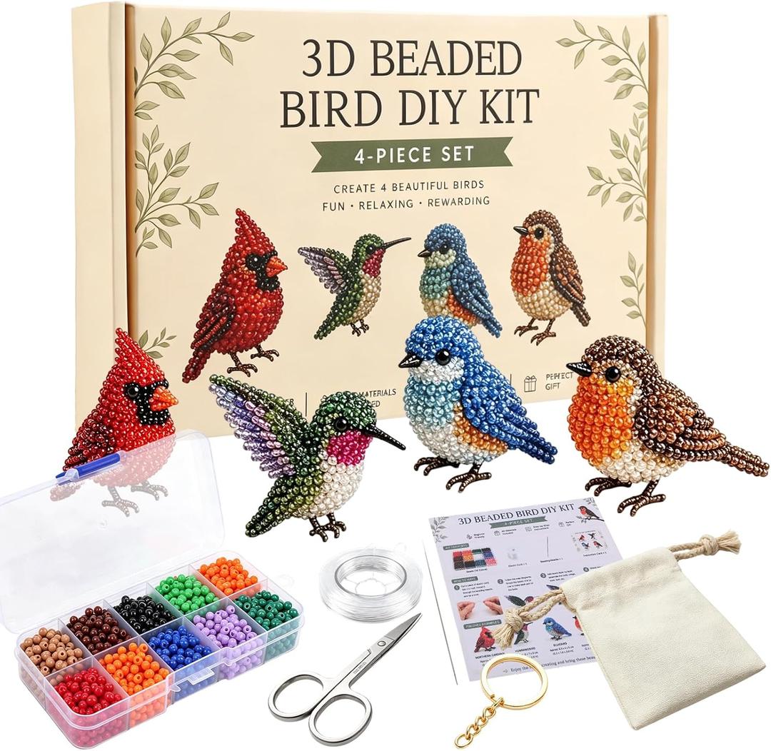 BLOWADM 4Pcs DIY 3D Animal Bead Embroidery Kit,Bird Beading Crafts with Instructions,Cute Bead Art Handmade Bird Gift for Beginners & Craft Enthusiasts