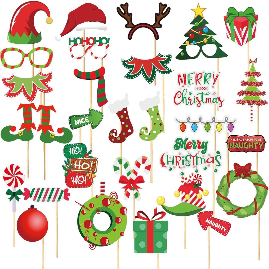 Kosiz 40 Pcs Christmas Party Photo Picture Props Elves Booth Party Gifts Decorations Bulk Holiday Photo Booth Props Supplies Stickers Bulk Christmas Stocking Stuffers Gifts Birthday Favors