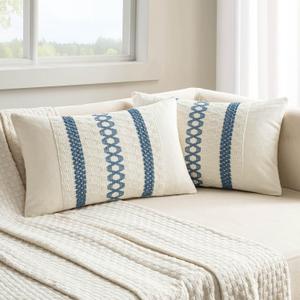 MIULEE Set of 2 Coastal Blue Boho Decorative Lumbar Pillow Covers 12x20 Inch Farmhouse Rustic Couch Throw Pillows Modern Summer Cushion Covers Retro Cute Macrame Woven Spring Decor for Bed Sofa Chair