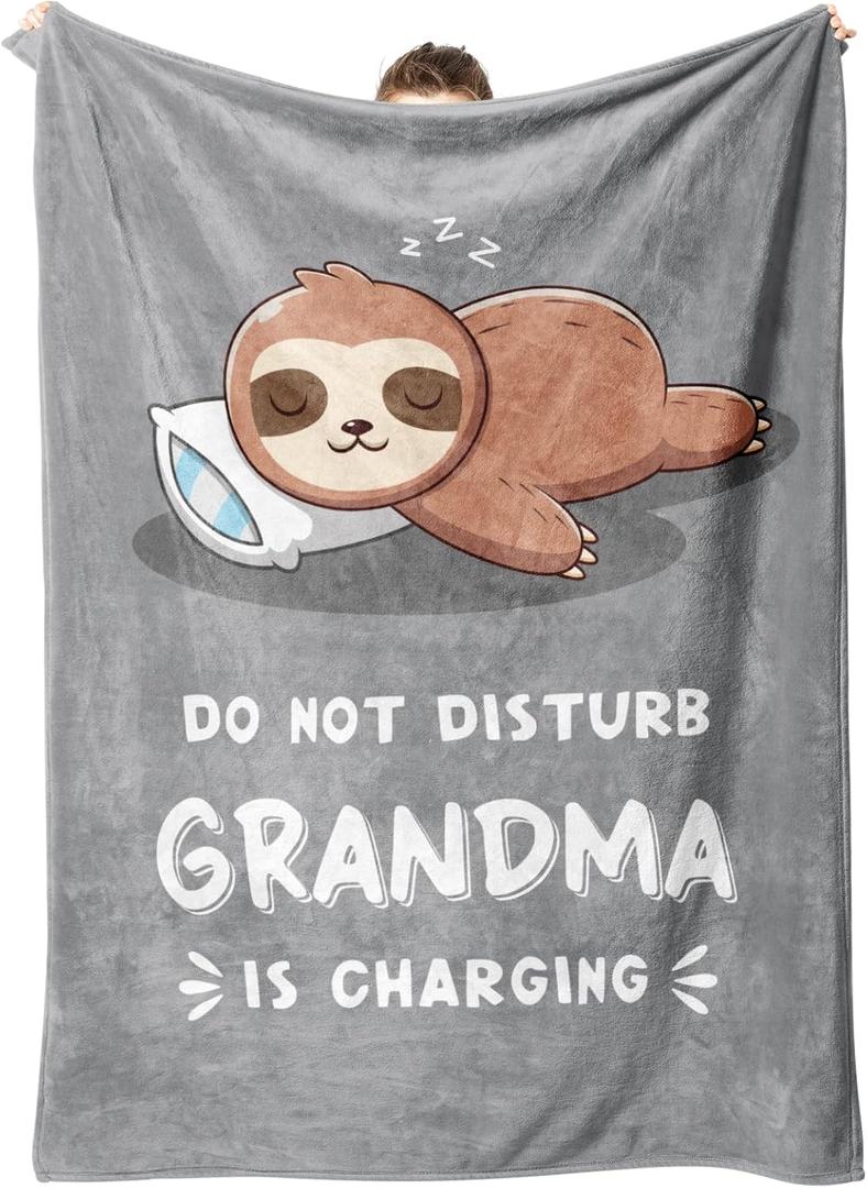 Funny Gifts for Grandma, Grandmas Birthday Gift from Grandkids, Grandma is Charging Sloth Blanket 60" x 50", Grandmas Gifts for Christmas Mothers Day, Super Soft Blanket for Grandmother (Grey)