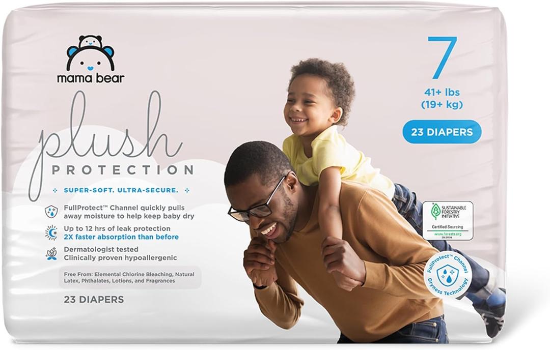 Amazon Brand - Mama Bear Plush Protection Diapers - Size 7, 23 Count, Hypoallergenic Premium Disposable Baby Diapers, 4 Packs