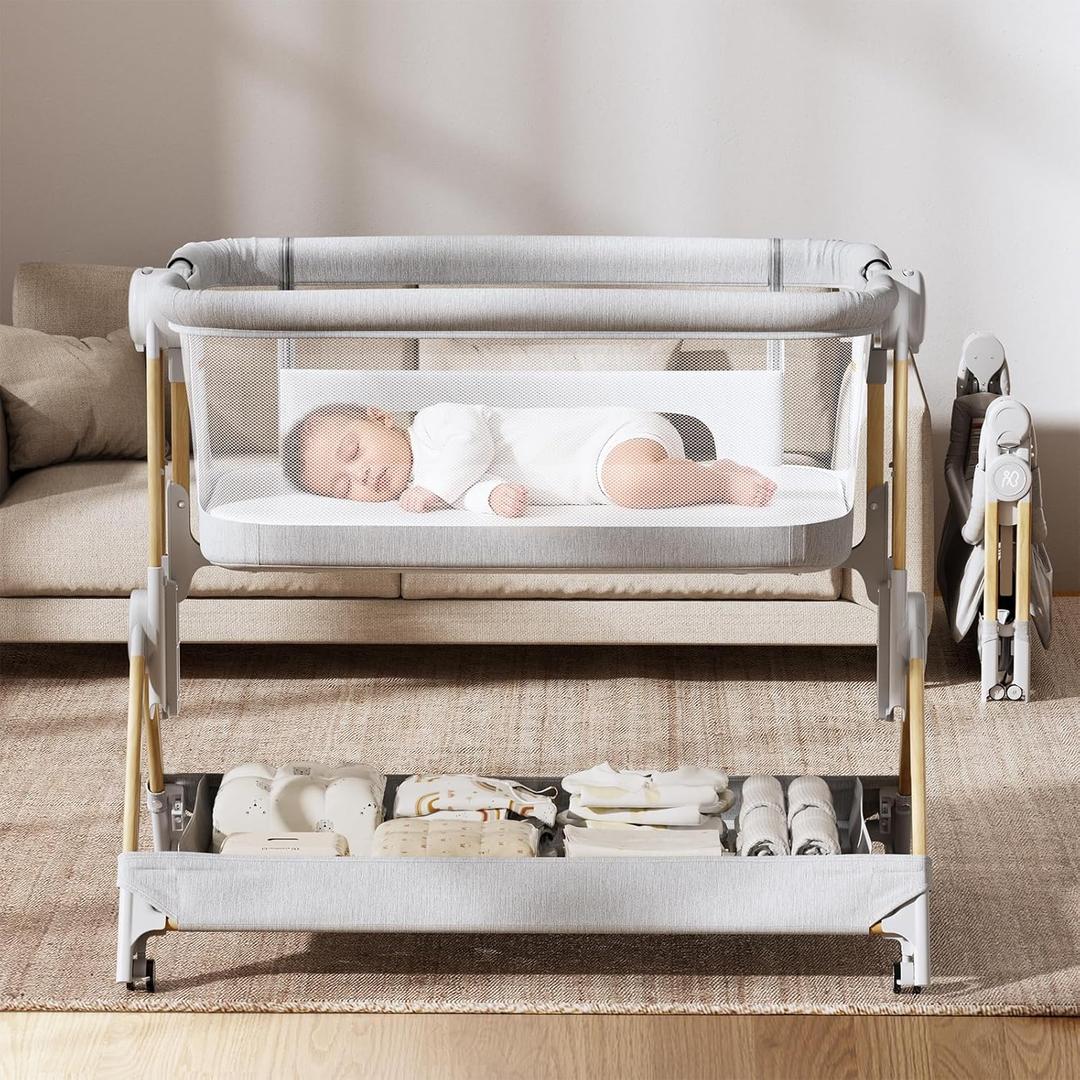 ANGELBLISS Baby Bassinet, 3-in-1 Bedside Bassinet for Baby, One-Touch Foldable Baby Crib for Newborn with Full-Mesh Sides & Adjustable Height, Mattress & Storage Bag | foldable bassinet, travel bassinet, incline bassinet, Adjustable Height, bedside bassinet, Full-Mesh Sides