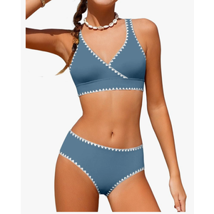 KANGKANG Girls Swimsuit Bikini Set Solid Color V-Neck Two Piece Bathing Suit with Chest Pad Adjustable Straps Swimwear, 13-14 Y, Dark Blue