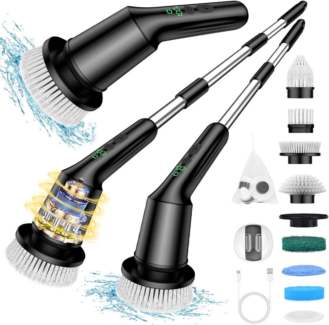 Shower Scrubber with Long Handle, Bathroom Cleaner Brush with 8 Brush Heads, Cordless Electric Spin Scrubber for Cleaning with 2 Speed, Cleaning Supplies for Bathtub Kitchen Floor Tile Toilet