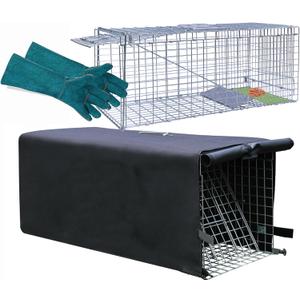 Live Animal Trap Cage with Cover & Gloves, Cat Trap for Stray Cats 32 Inch Heavy Duty Folding Skunk Traps with Real Door for Raccoons, Opossums, Skunks, Feral Cats, Squirrels-(32 x 10 x 12 inches)