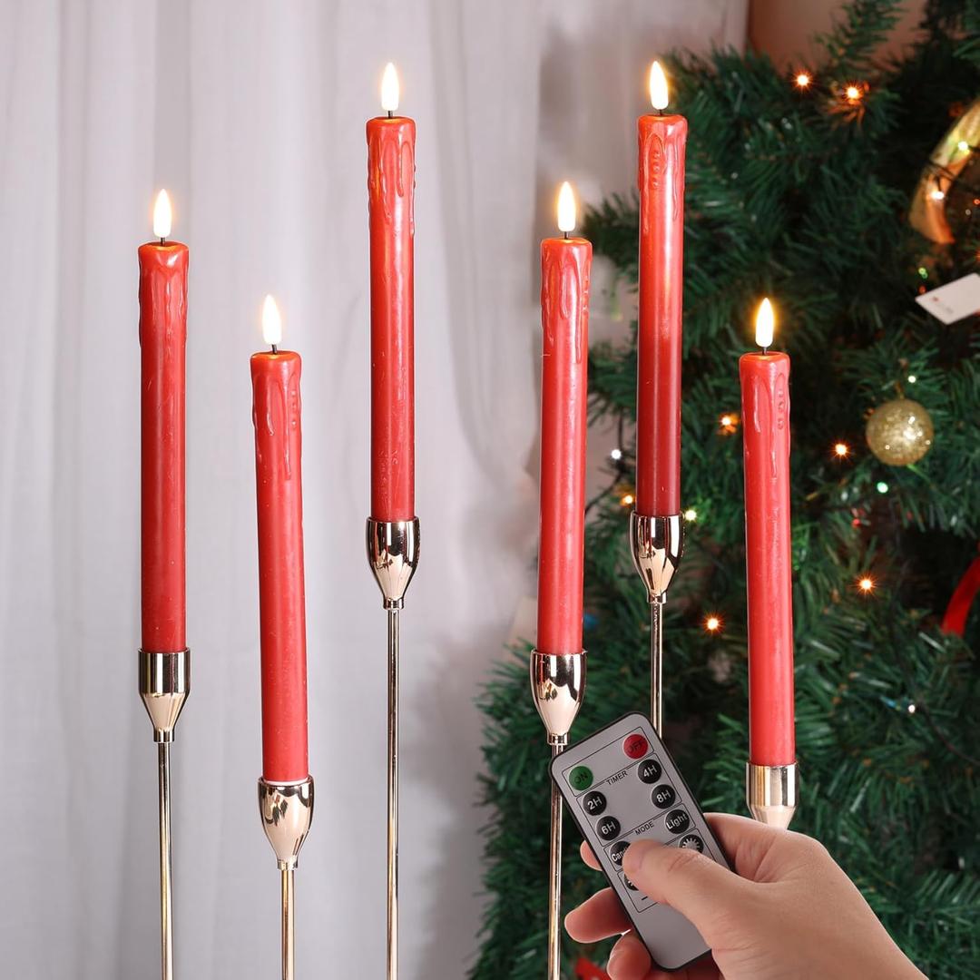 Red Christmas Flameless Taper Candles with Remote, Flickering Dripping Wax LED Candlesticks Battery Operated Set of 6