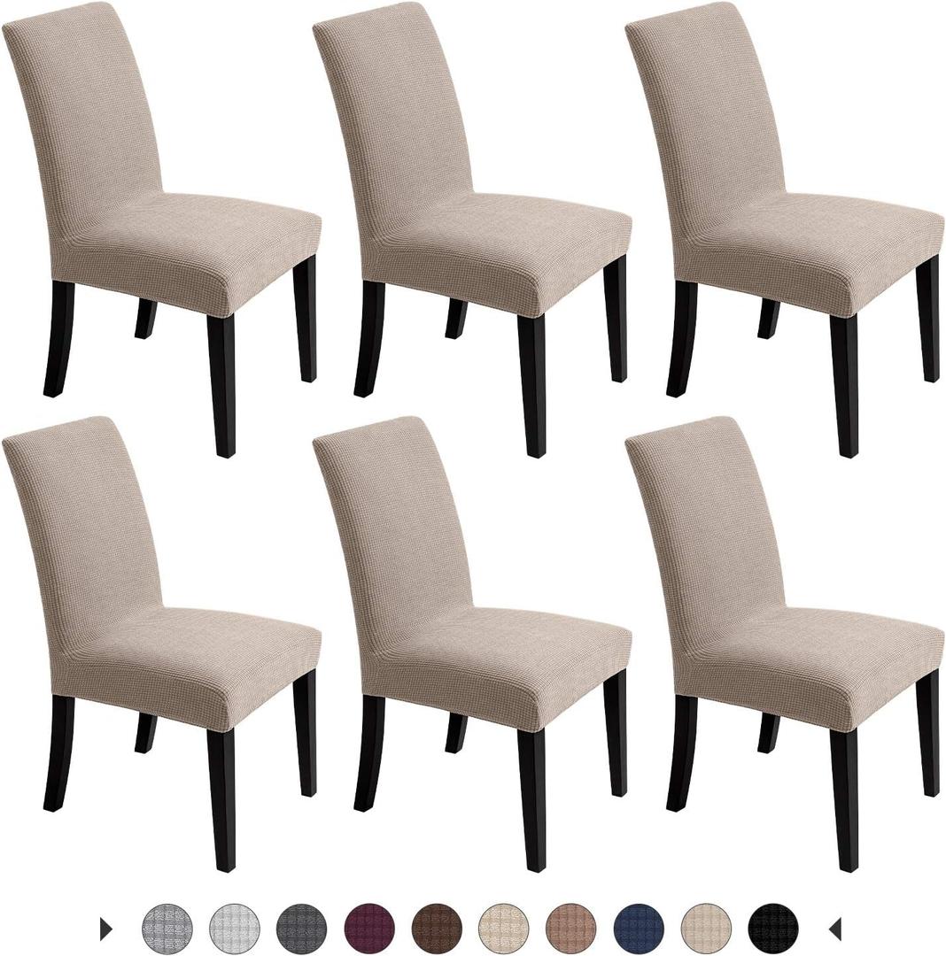 Chair Covers for Dining Room - Stretch Chair Slipcovers for Decorative Seat Protector Armless Removable Washable Elastic Dinner Universal Spandex Solid Chair Slip Covers Set (Light Khaki,6)