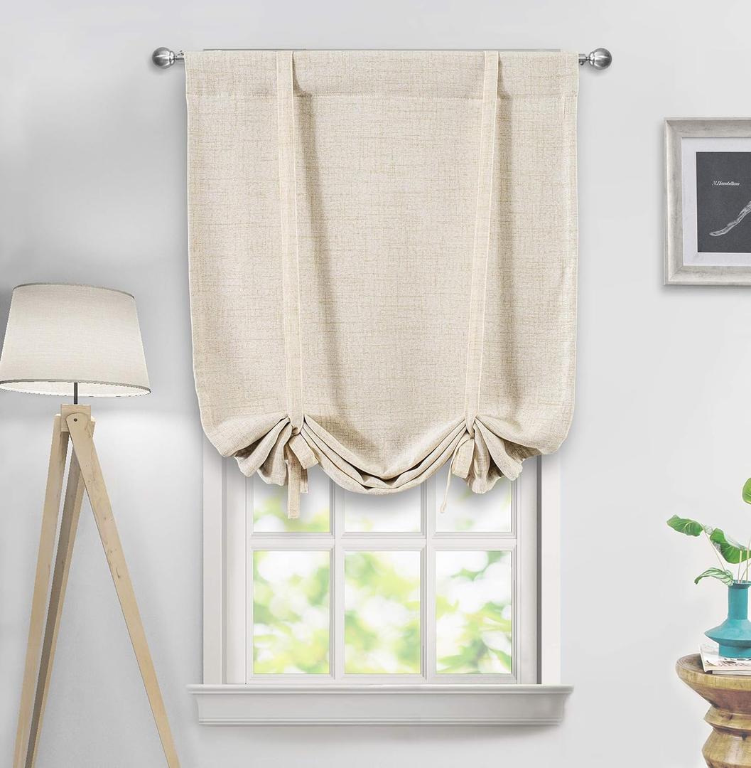 DriftAway Double Layer Linen Blackout Tie Up Curtains Thermal Insulated Fully Lined Balloon Roman Shade Bathroom Window Adjustable Rod Pocket for Small Window 31 Inch by 47 Inch Beige