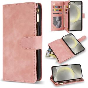 ZZXX for Samsung Galaxy S24 Wallet Case with RFID Blocking Card Slot PU Leather Zipper Flip Folio with Strap Kickstand Protective Cover for Samsung Galaxy S24 Case Wallet(Pink-6.2 inch)