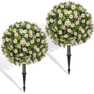 Set of 2 Artificial Topiary Ball Trees with White Mum, Faux Boxwoods for Outdoor Planters with Ground Spike, UV Resistant Artificial Outdoor Plants for Porch, Fake Bushes Round Shrub