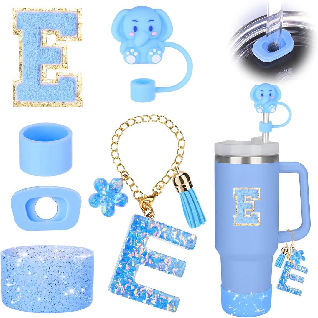 2 x Mity rain Cup Accessories Set for stanley 30 oz 40 oz tumbler with handle, Including Initials Charms, Straw Cover Cap, Boot, Sticker, Silicone Spill Proof Stopper,Blue Decorate for Boy Girl (Letter E)
