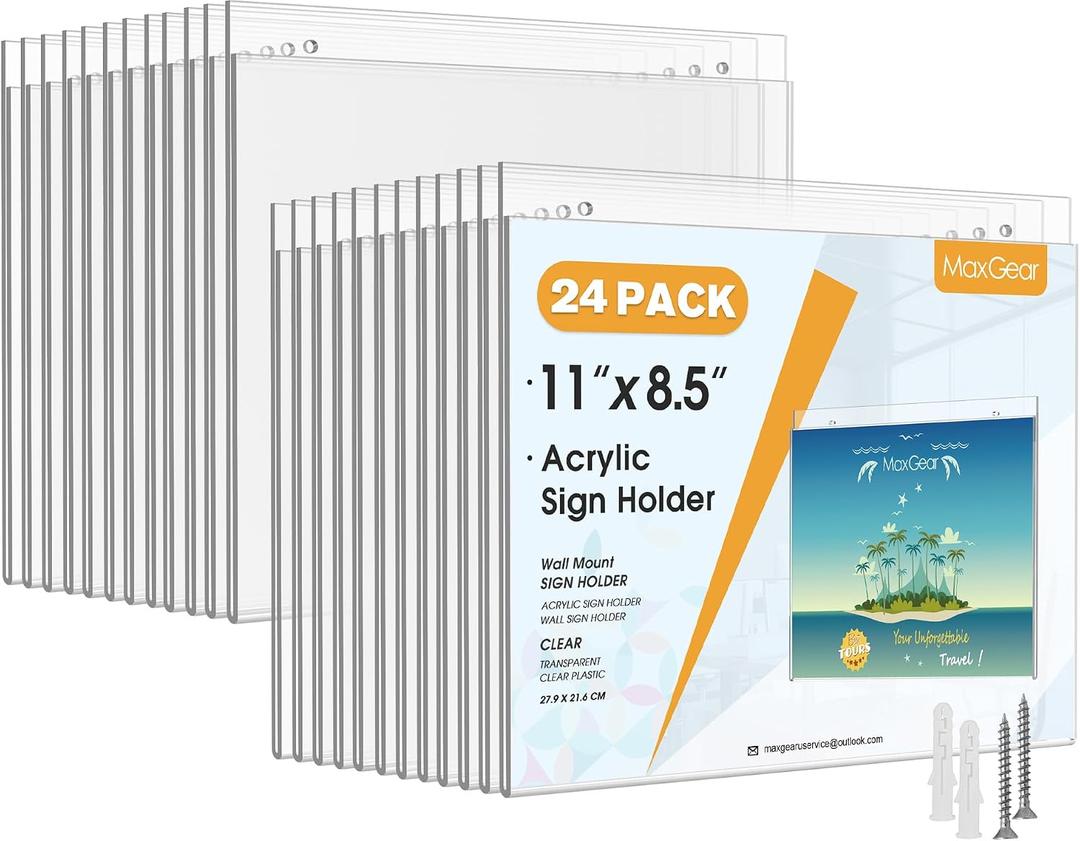 MaxGear Wall Mount Sign Holder 8.5 x 11 Inch, Clear Plastic Picture Frames with Mounting Screws, Door Sign Holders and Document Display Frame for Home, Office, Store, Landscape, 24 Pack