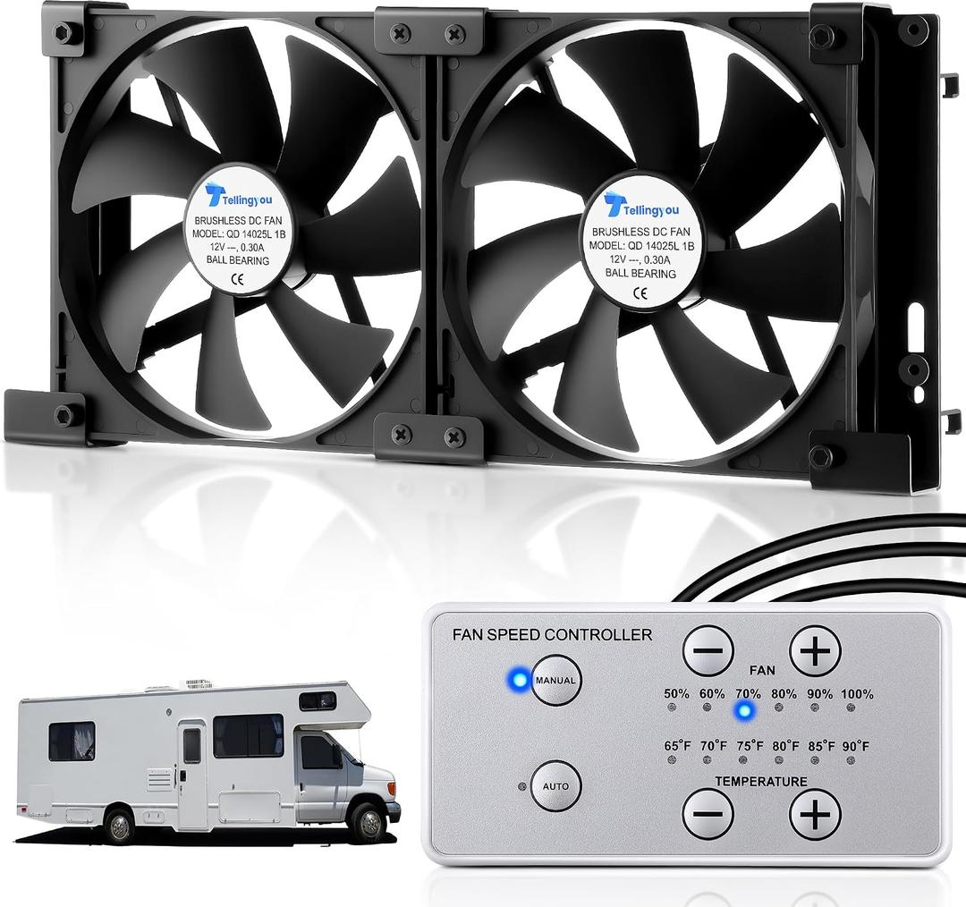 12V RV Fridge Ventilation Cooling Fan 5.5" (140mm), Custom Mounts For American RV Side Vents, Adjustable Temperature Settings, High Tech Remote With Manual/Auto Modes, IP54 Waterproof, DC12V/0.3A