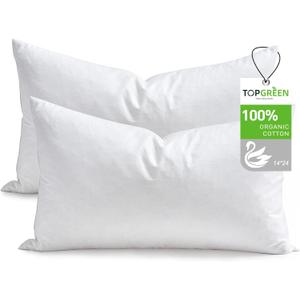 TOPGREEN Feathers Down Pillow Inserts 14x24, Set of 2, 100% Organic Cotton Shell, Soft Decorative Lumbar Pillow Insert for Living Room Sofa, Couch, or Bed (White)