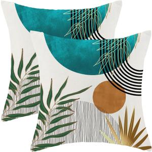 Boho Pillow Covers 20x20 Inch 2 Pcs,Aqua Teal Green Gold Tropical Leaf Summer Outdoor Decorative Throw Pillows,Mid Century Abstract Farmhouse Decor Pillowcase Linen Cushion Cover for Couch Sofa