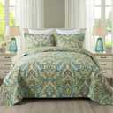Etwel King Size Quilt Set, Crown Green King Quilt 3 Pieces, Lightweight Cotton Bedspread, Soft Bedding Set for All Season, Reversible Coverlet Bedding Set, King Size 106"x98"
