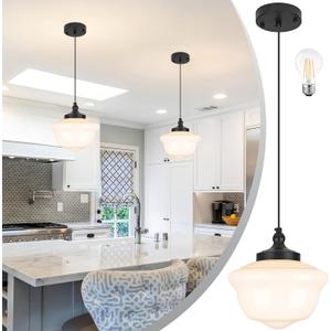 10" Black Schoolhouse Light Fixture Milk Glass Pendant Light Schoolhouse Pendant Light Milk Glass Light Fixture Mid Century Modern Ceiling Light for Bedroom Bathroom Kitchen Island (Bulb Incl)