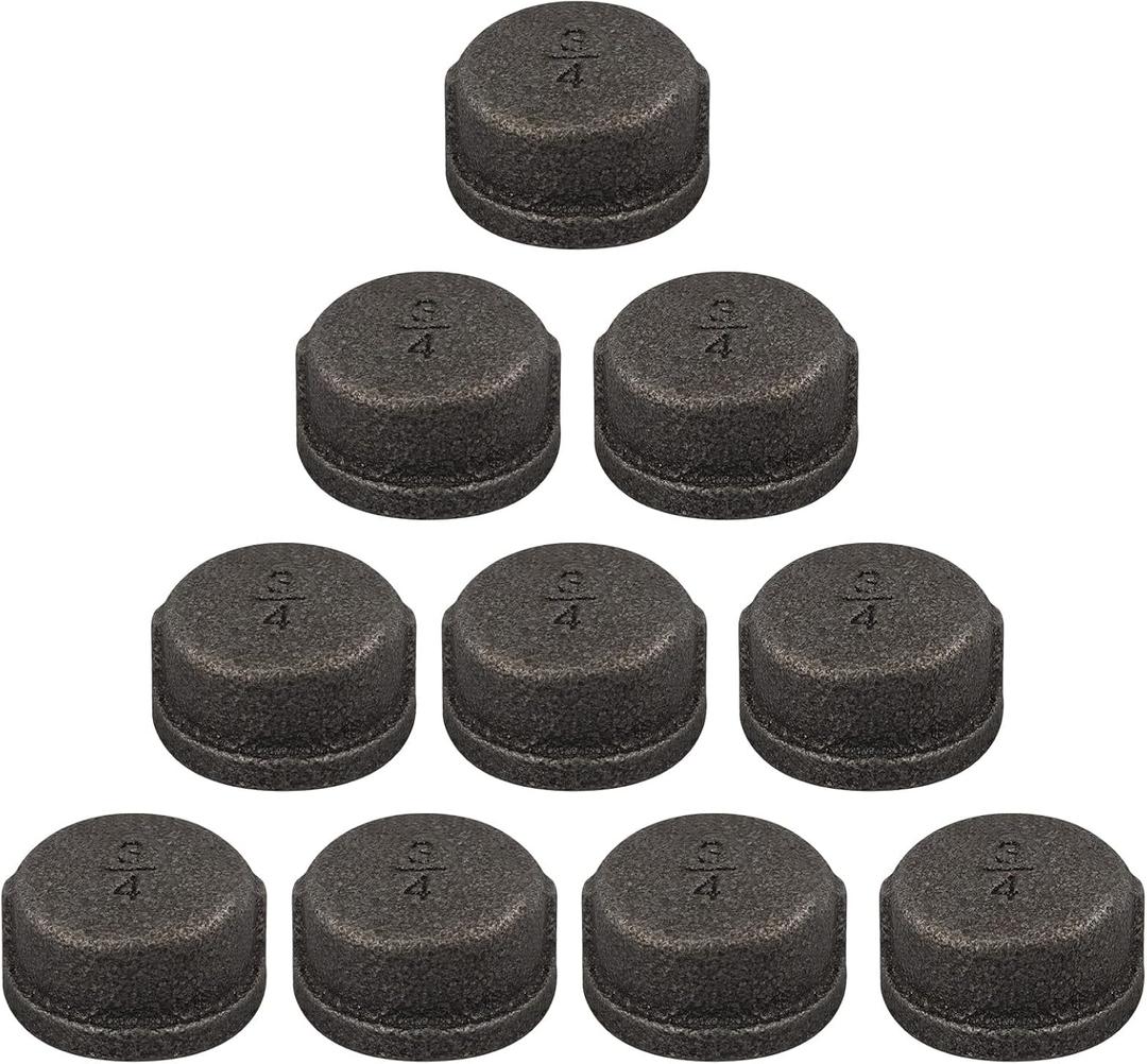 10 Pack 3/4 inches Cap Malleable Cast Iron Pipe, Industrial Pipe for Threaded Black Pipes and Fittings, DIY Steampunk Industrial Vintage Style.