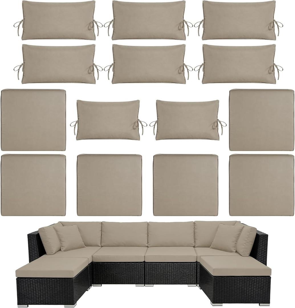 14pcs Outdoor Patio Furniture Cushion Covers, Waterproof & Sun-Resistant Zippered,Fit for Patio Furniture Sectional Sofas and Wicker Rocking Chairs,3 Sizes,Sand,Covers Only