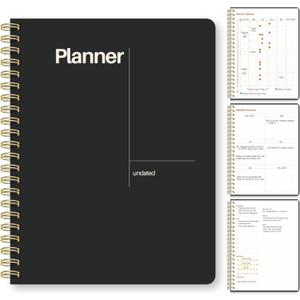 Undated Weekly Planner, 8.5x11” – Dashboard Layout with Yearly Review, Monthly Calendars, & Weekly To Do List, Spiral Bound Organizer for Work, Study & Life (Black)