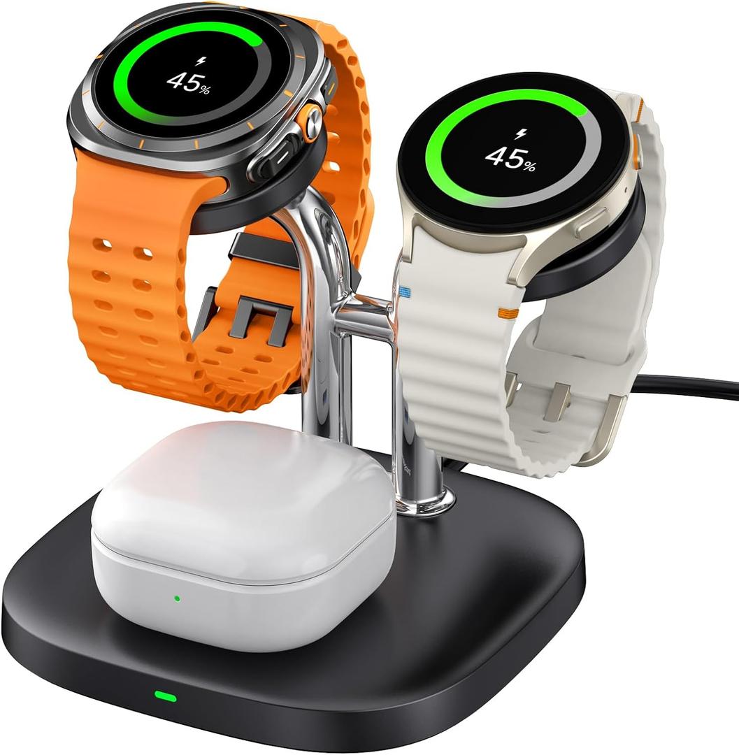Dual Watch Charger for Samsung Watch, SwanScout 704S, 3 in 1 Wireless Charging Station for Galaxy Watch Ultra/7/6/6 Classic/Galaxy Watch 5 Pro/5/4/3/Active 2, for Galaxy Buds 3 Pro/3/2 Pro (Black)
