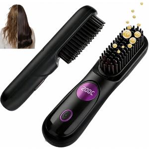 Go Brush Pro for Short Hair, 2026 Upgraded Hair Straightener Brush, Portable Cordless Straightener Brushs for Travel, Fast Heating Hair Straightener with LCD Temperature Display, Travel Gift (Black)