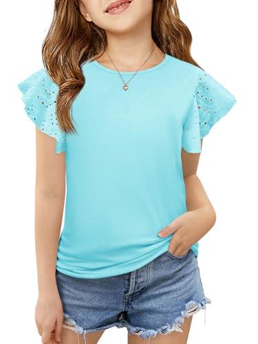 Imily Bela Girls Ruffle Sleeve Shirts Summer Crewneck Eyelet Tee Tops Casual Cute Blouse 4-6 Years Sky Blue