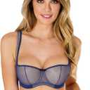 Rosme Women's Balconette Bra with Push Up Effect Plus Size Sexy Lace Demi Half Cup Bra Underwired Low Cut Mesh Bras Kamila (34H, Blue)