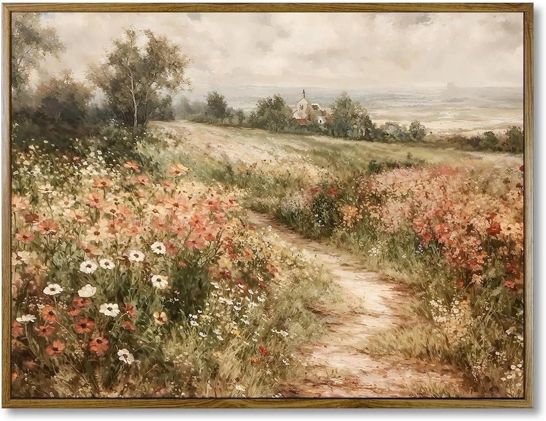 Framed Canvas Wall Art Vintage Decor, Vintage Painting Wall Art Prints, Landscape Wall Art for Living Room Decor Bedroom Home Bathroom Wall Decor (Wildflower Field) (16"L x 12"W)