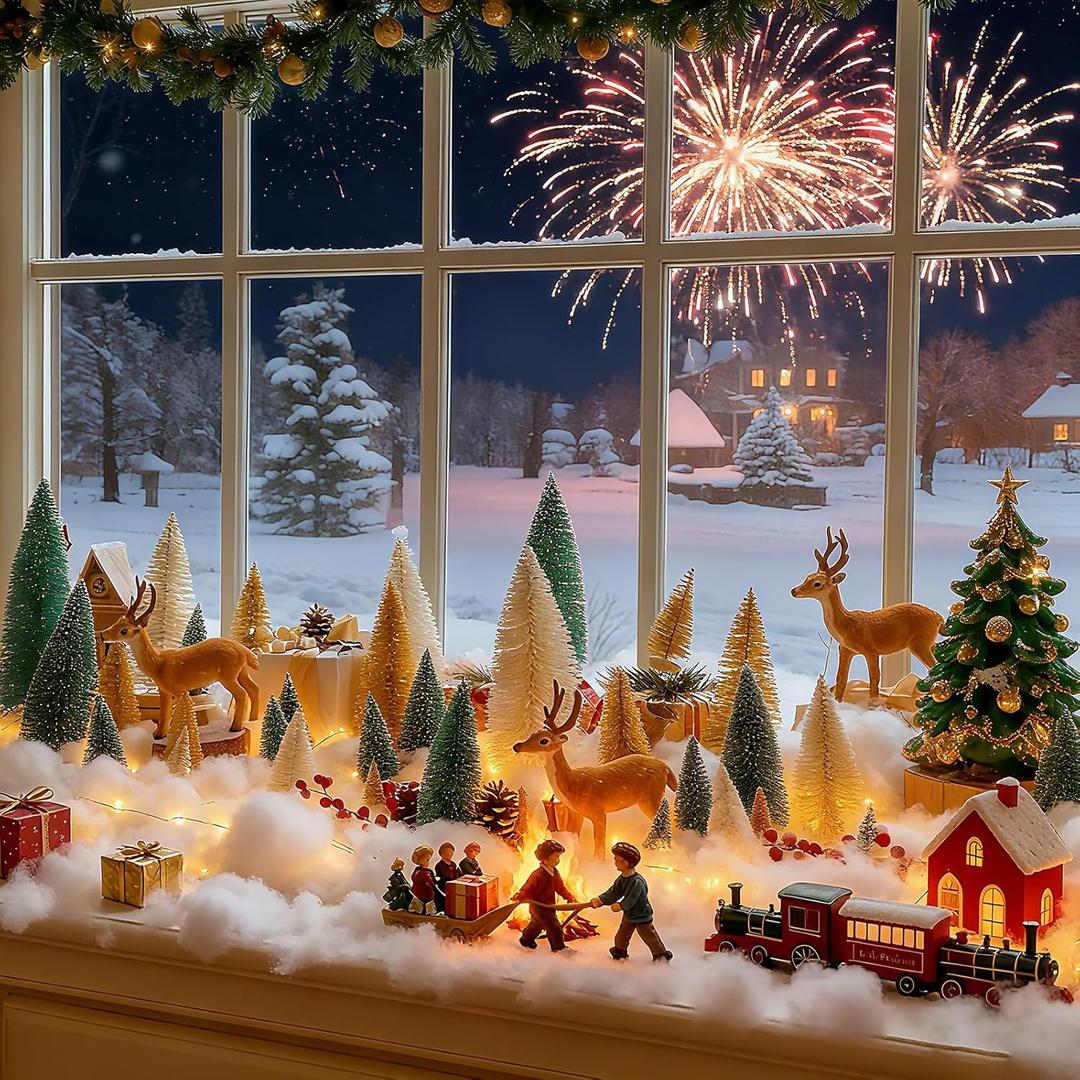 Soulchen 59 Pcs Christmas Village Set Snow Scene with LED Lights 17.6 oz Fake Snow Artificial Mini Christmas Bottle Brush Trees and Resin Reindeer Accessory for Xmas Winter Fireplace Table Decoration