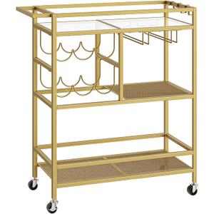 Bar Cart for Home, 3-Tier Serving Cart with Wheels and Handle, Beverage Cart with Wine Rack and Glass Holders, Rolling Wine Cart for Kitchen, Dining Room, Gold RCJ61B01