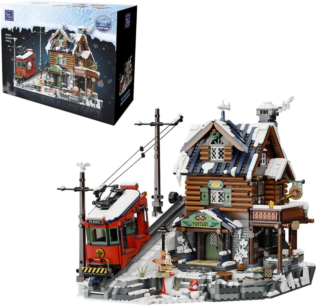 PANTASY Winter Summit Ski Lodge Building Set,3-Story Mountain Cabin with Vintage Tram & Snowy Landscape, Modular Brick Architecture Model with Opening Wall, Ice Cave & Mini figures Holiday Display for Adults