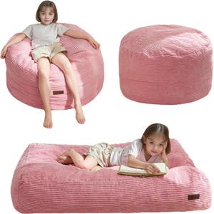 MAXYOYO Bean Bag Chair Bed for Kids, Convertible Bean Bag Folds from Lazy Chair to Floor Mattress Bed, Machine Washable Corded Fabric, Stuffed Floor Sofa Couch for Boys and Girls, Pink