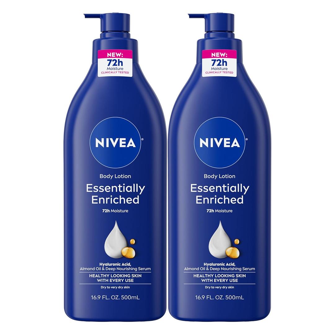 NIVEA Essentially Enriched Body Lotion for Very Dry Skin with Hyaluronic Acid, Almond Oil and Deep Nourishing Serum, 72-Hour Body Moisturizer, 16.9 Fl Oz Pump Bottle, Pack of 2