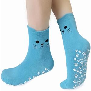 Cute Pilates Crew Grippy Socks for Women - Cat Paw Yoga Gripper Non Slip Sock for Barre,Barefoot,Hospital,Fitness (Blue)